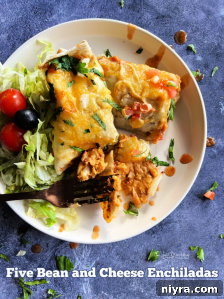Hero shot of Five Bean and Cheese Enchiladas in a baking dish, with a serving removed to show the interior.