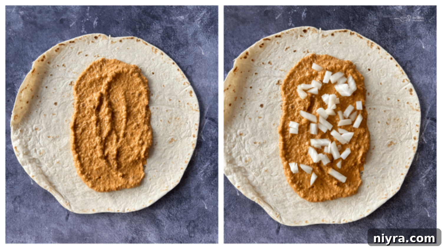 Creamy bean and cheese filling mixed with Rotel tomatoes.