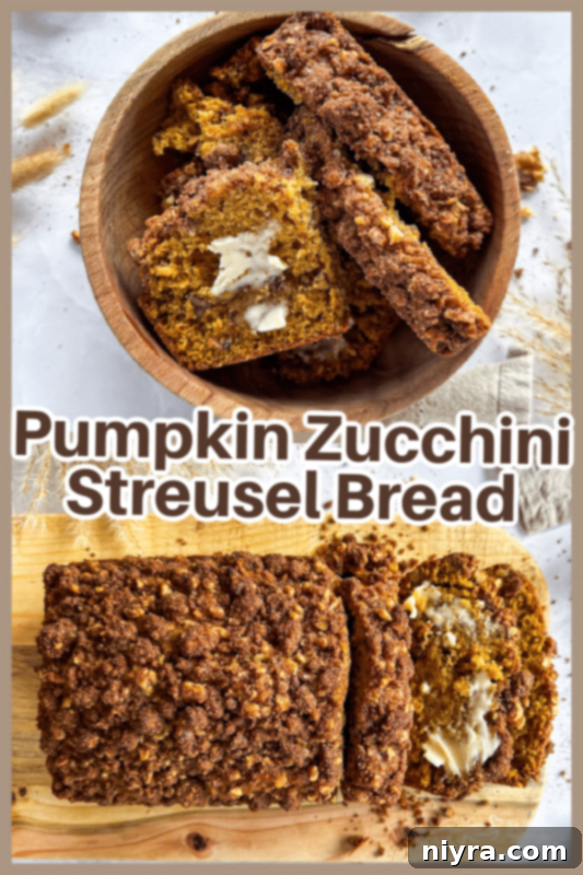 Pumpkin Zucchini Crumble Loaf 14 Pumpkin Zucchini Streusel Bread loaf on a cooling rack