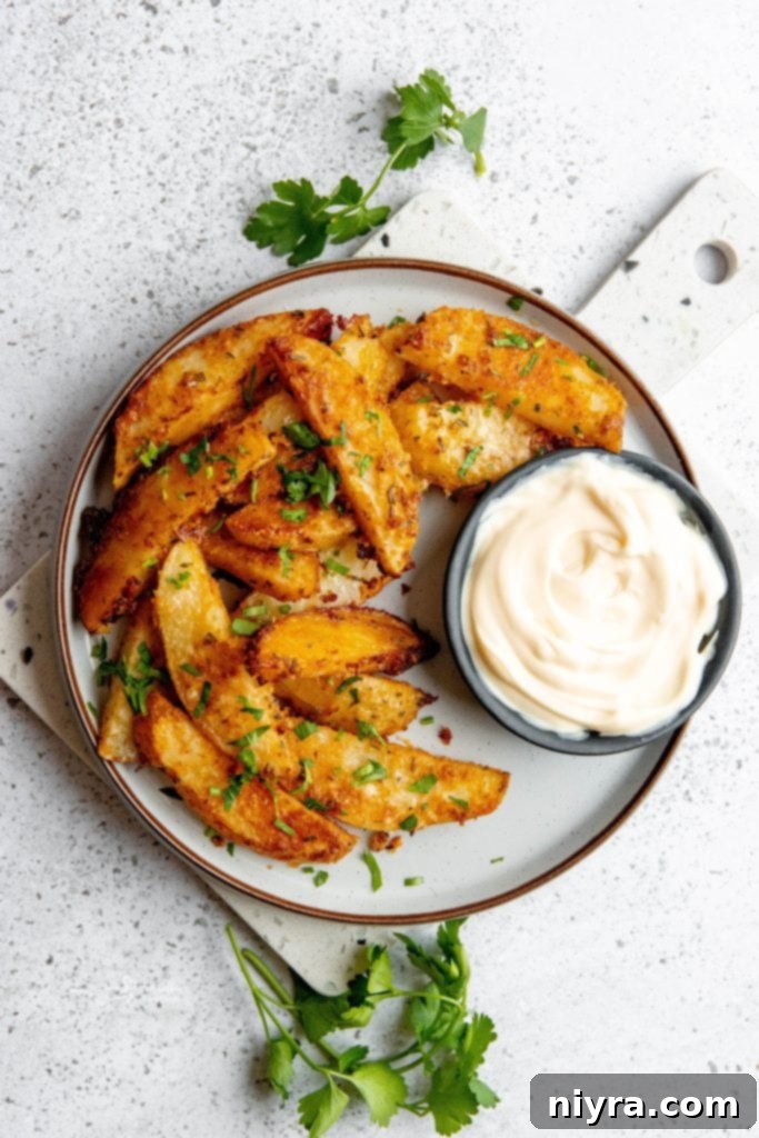 Close-up of freshly roasted parmesan garlic thyme potato wedges