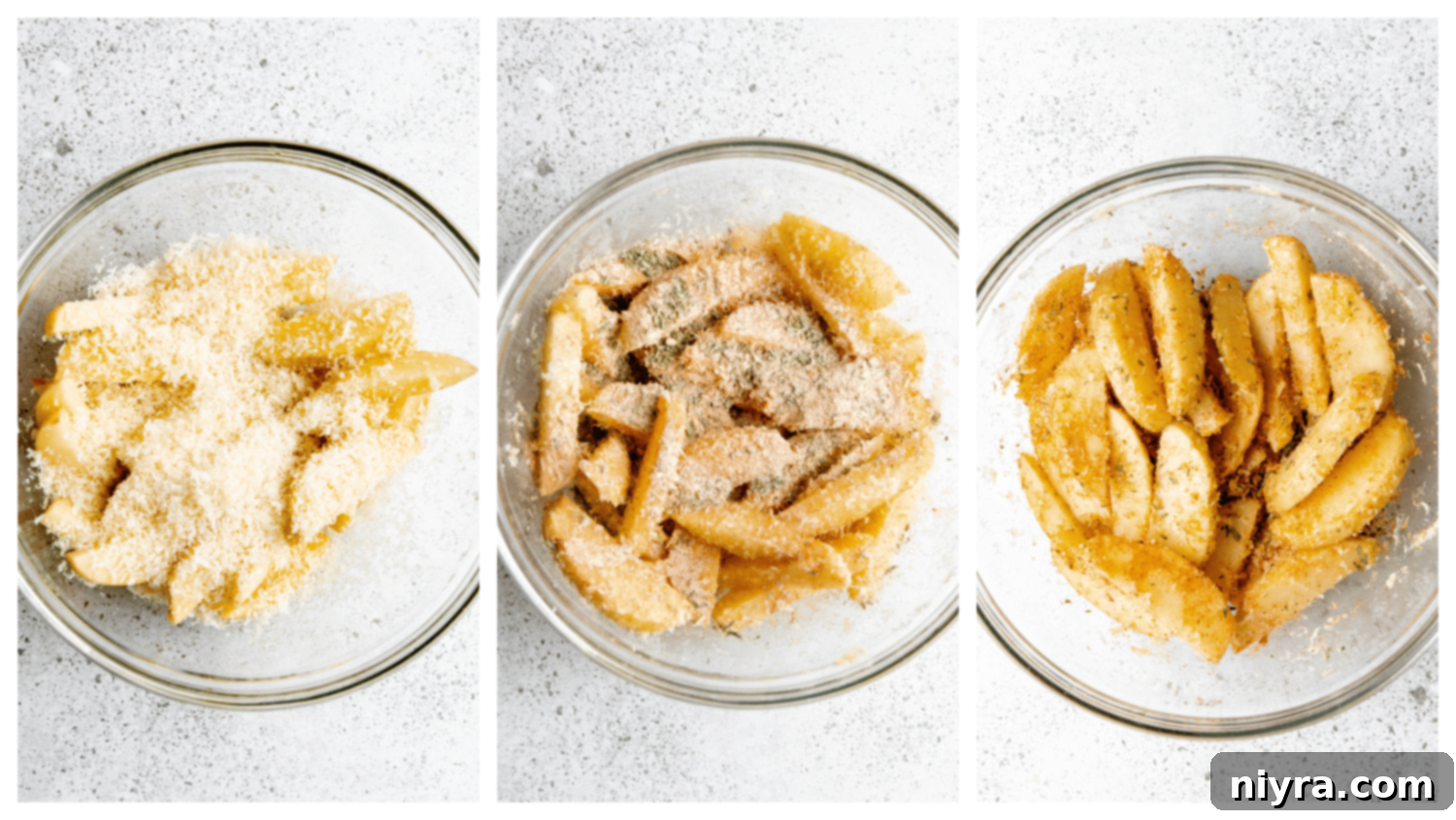 Mixing seasoning for potato wedges in a bowl