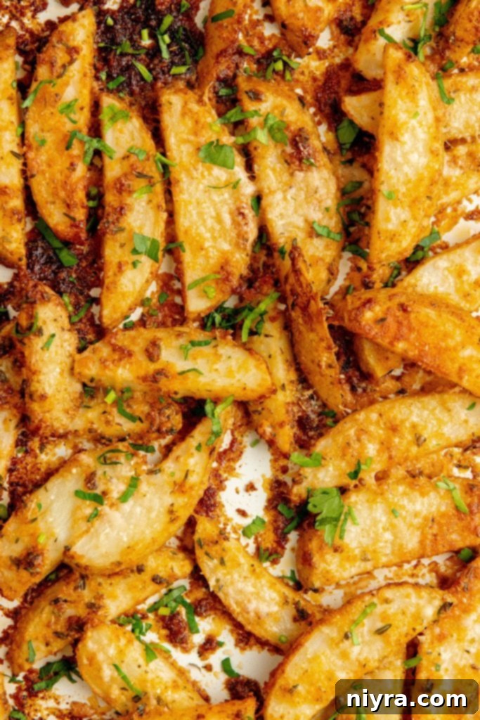 Potato wedges spread on a baking sheet