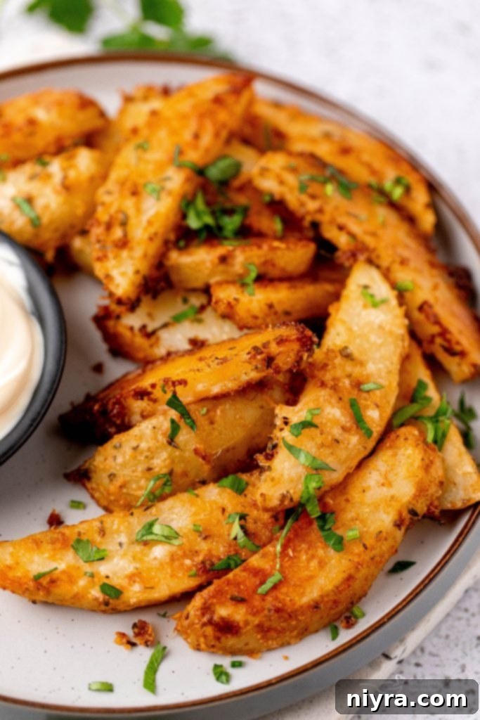 Close-up of crispy roasted potato wedges with parmesan and herbs