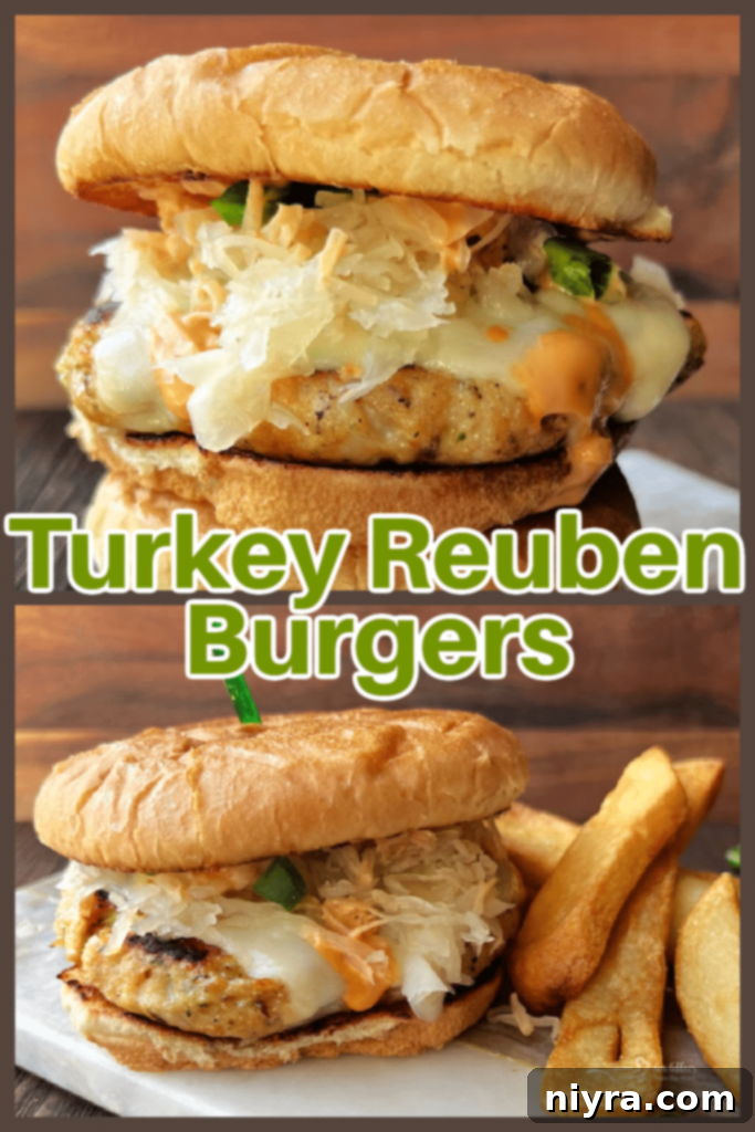 A full view of the Turkey Reuben Burger, showcasing all its delicious layers.
