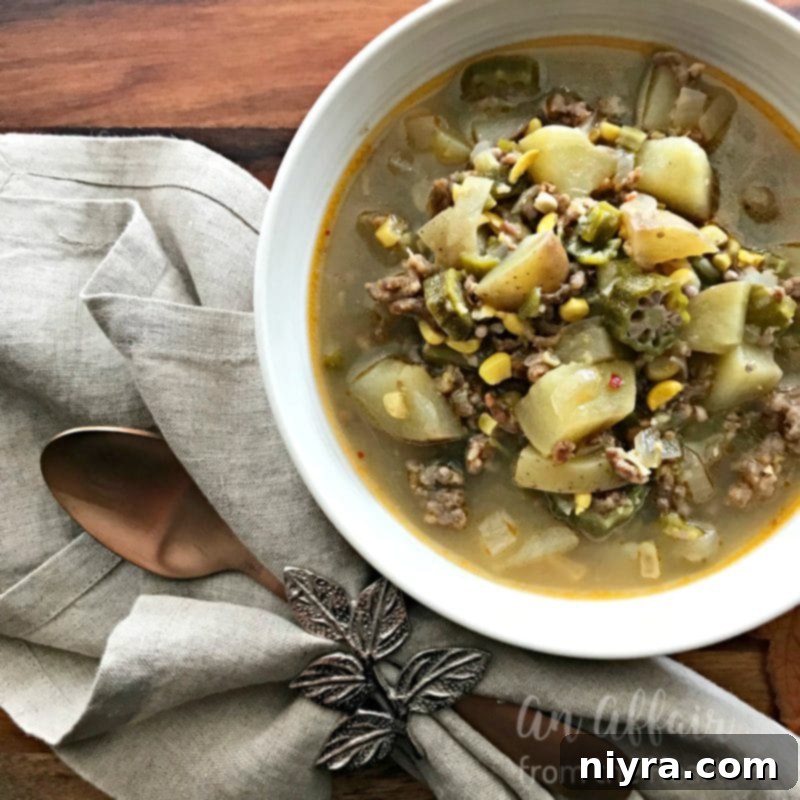 Overhead shot of Rustic Harvest Stew in a bowl