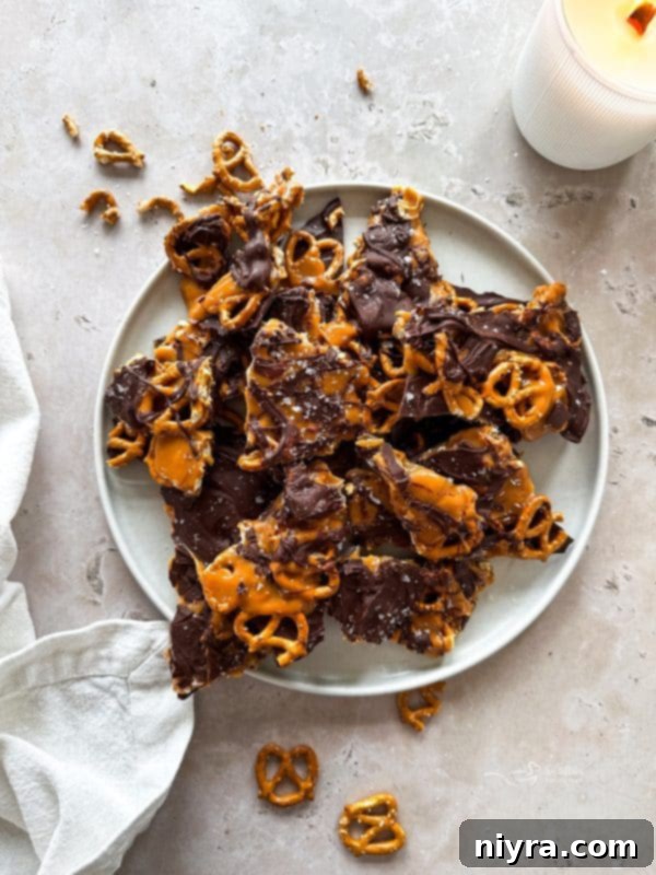 Salted Caramel Chocolate Pretzel Bars 2 Delicious Salted Caramel Chocolate Pretzel Bars on a platter, ready to serve.