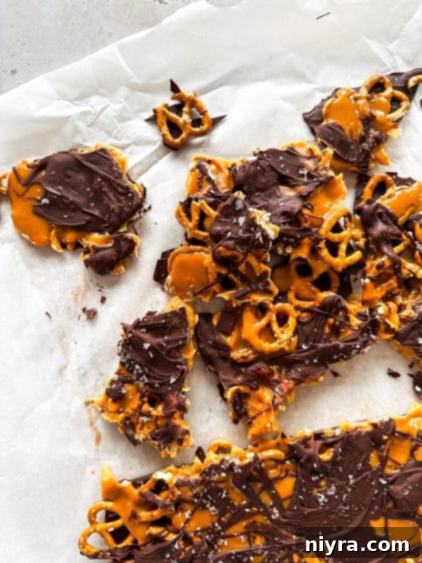 Salted Caramel Chocolate Pretzel Bars 12 Step 8: Salted Caramel Chocolate Pretzel Bars, set and ready to be cut.