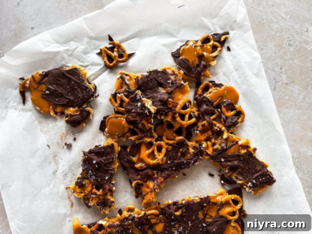 Salted Caramel Chocolate Pretzel Bars 3 Close-up of Salted Caramel Chocolate Pretzel Bars showing layers of chocolate, pretzels, and caramel.