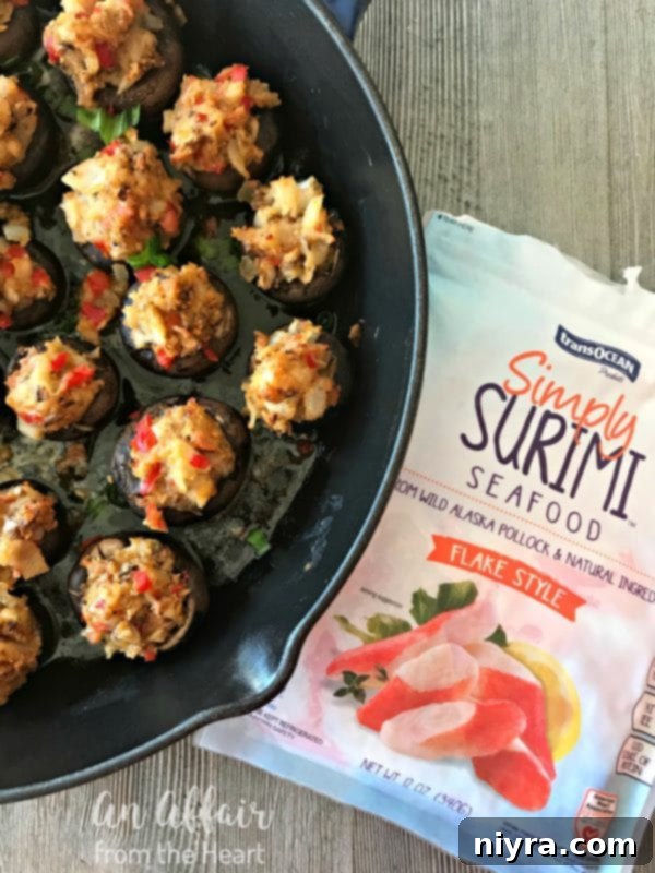 Close-up of baked Surimi Seafood Stuffed Mushrooms garnished with green onions