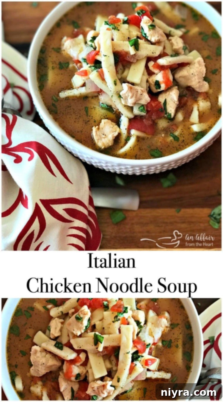 Italian Chicken Noodle Soup in a rustic setting with a spoon.