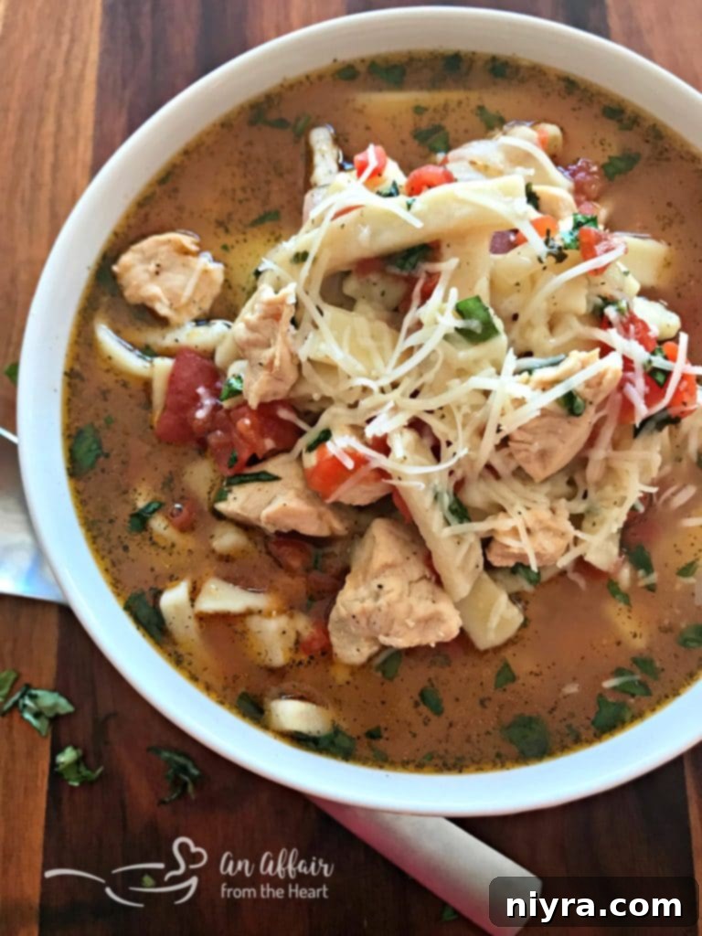 Finished Italian Chicken Noodle Soup in a pot with fresh basil and Parmesan.