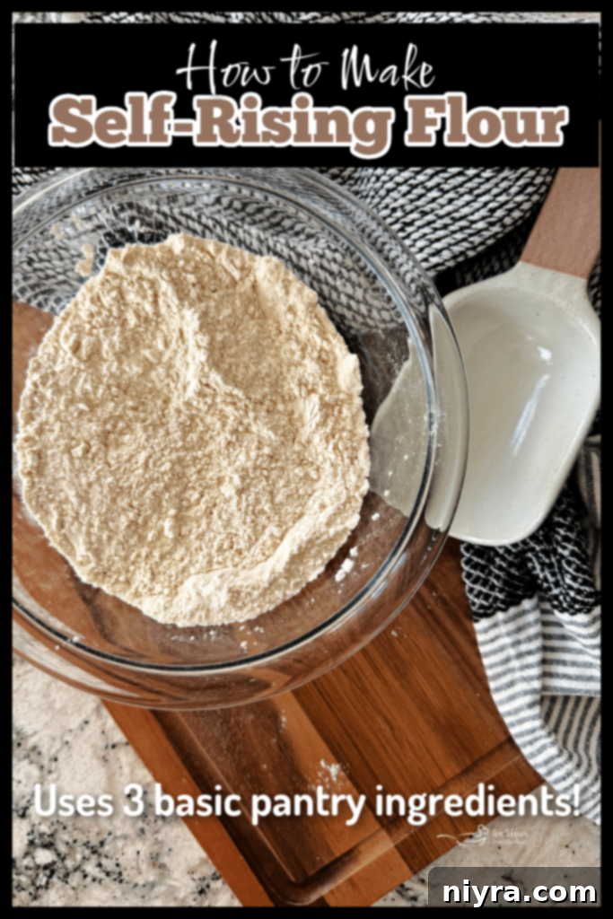 Close-up of fluffy, light homemade self-rising flour in a bowl.