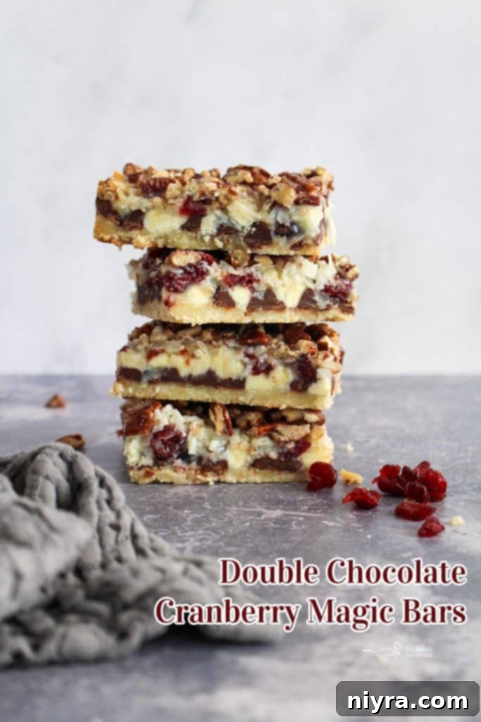 Hero image of freshly baked Double Chocolate Cranberry Magic Bars, perfectly cut