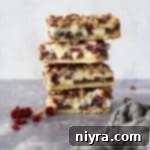 Double Chocolate Cranberry Magic Bars stacked on a gray surface