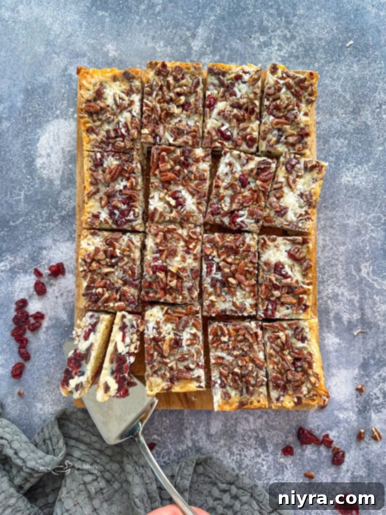 Close-up of a whole tray of baked Double Chocolate Cranberry Magic Bars