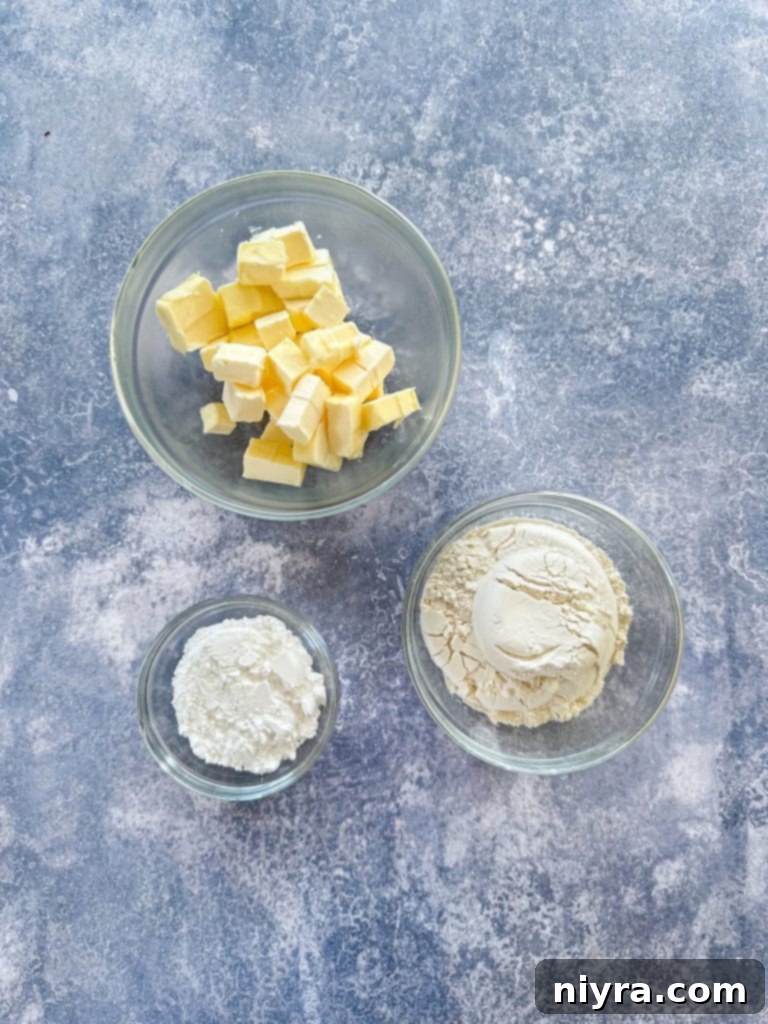 Ingredients for magic bars laid out: butter, flour, sugar, chocolate chips, cranberries, coconut, pecans, condensed milk