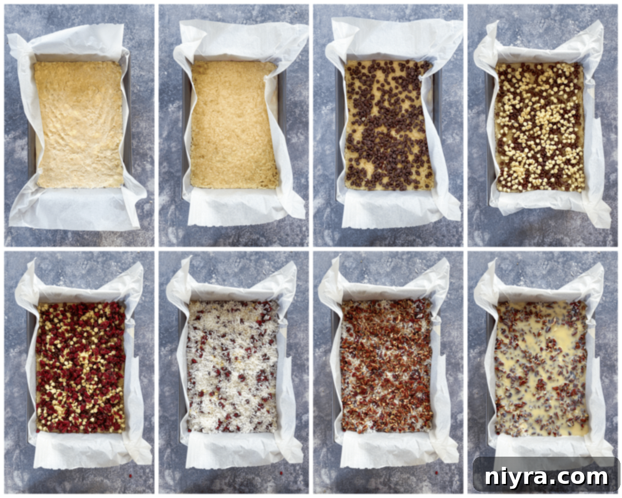 Layers of semi-sweet chocolate chips, white chocolate chips, cranberries, coconut, and pecans over a baked crust