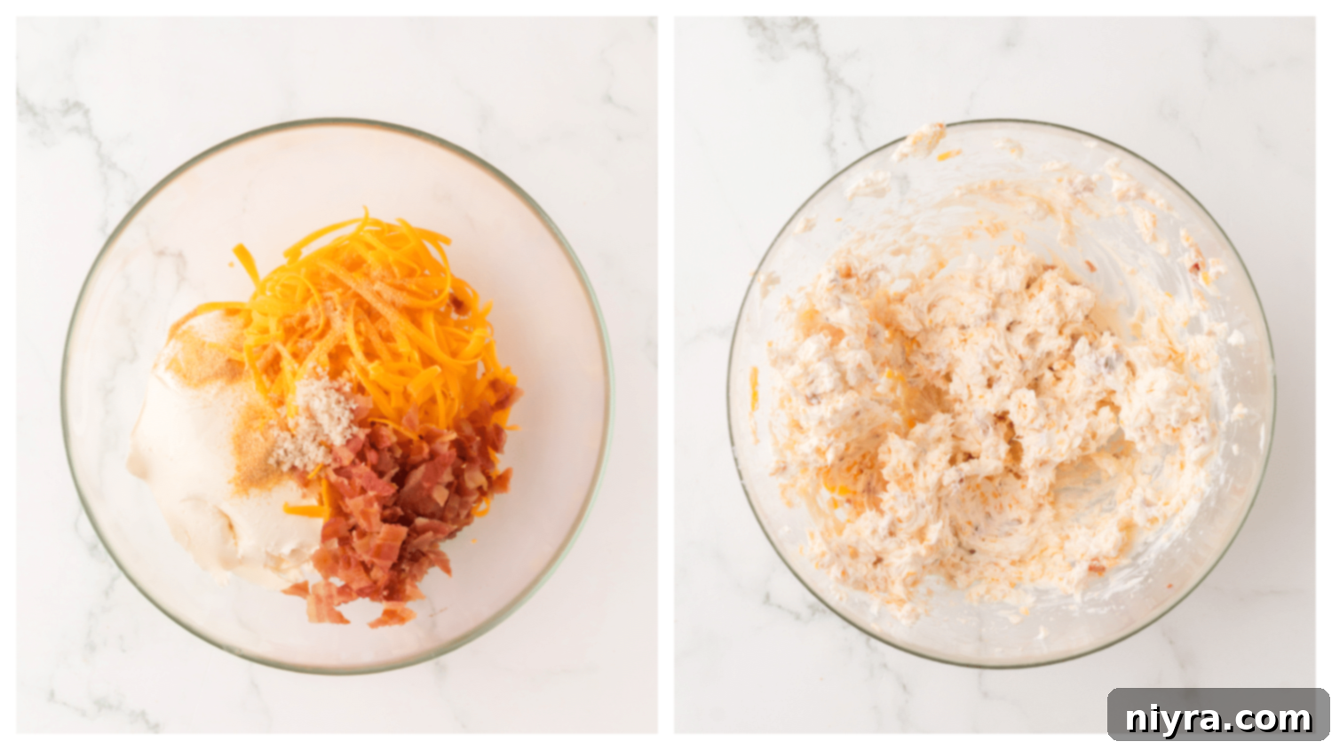 Process of mixing cream cheese, cheddar, bacon, garlic powder, and salt