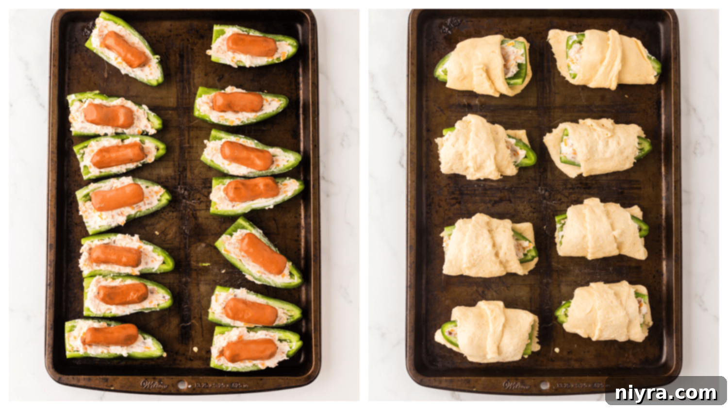 Detailed shot of filling jalapeño halves with cream cheese mixture and adding mini sausages