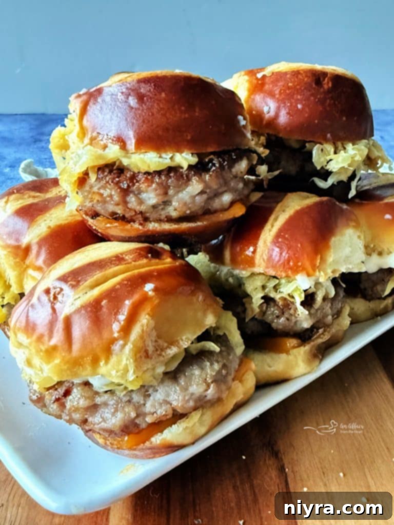 Various Bratwurst Slider variations, including one with caramelized onions.