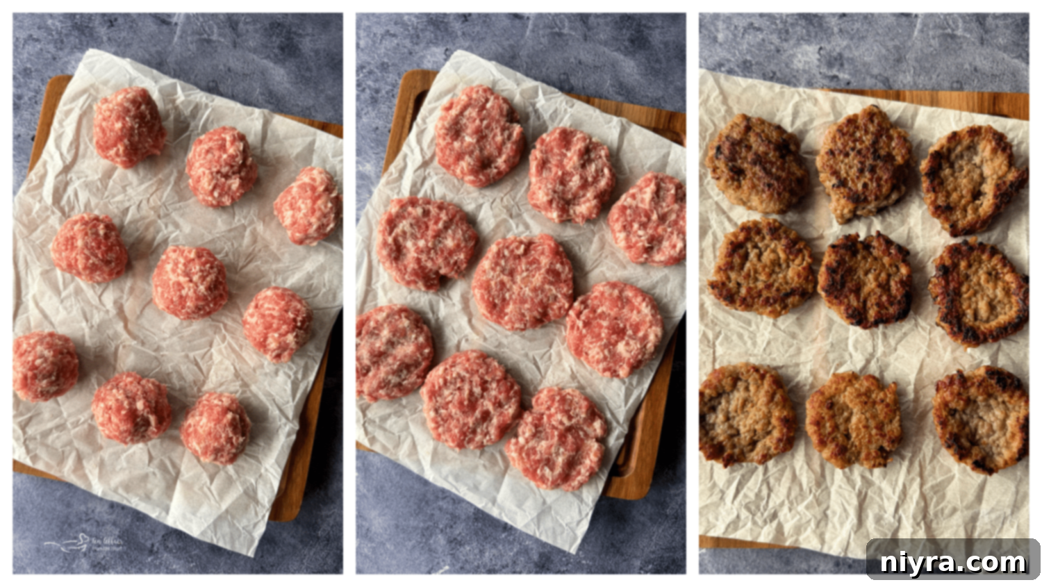 Bratwurst meat without casings being formed into patties.