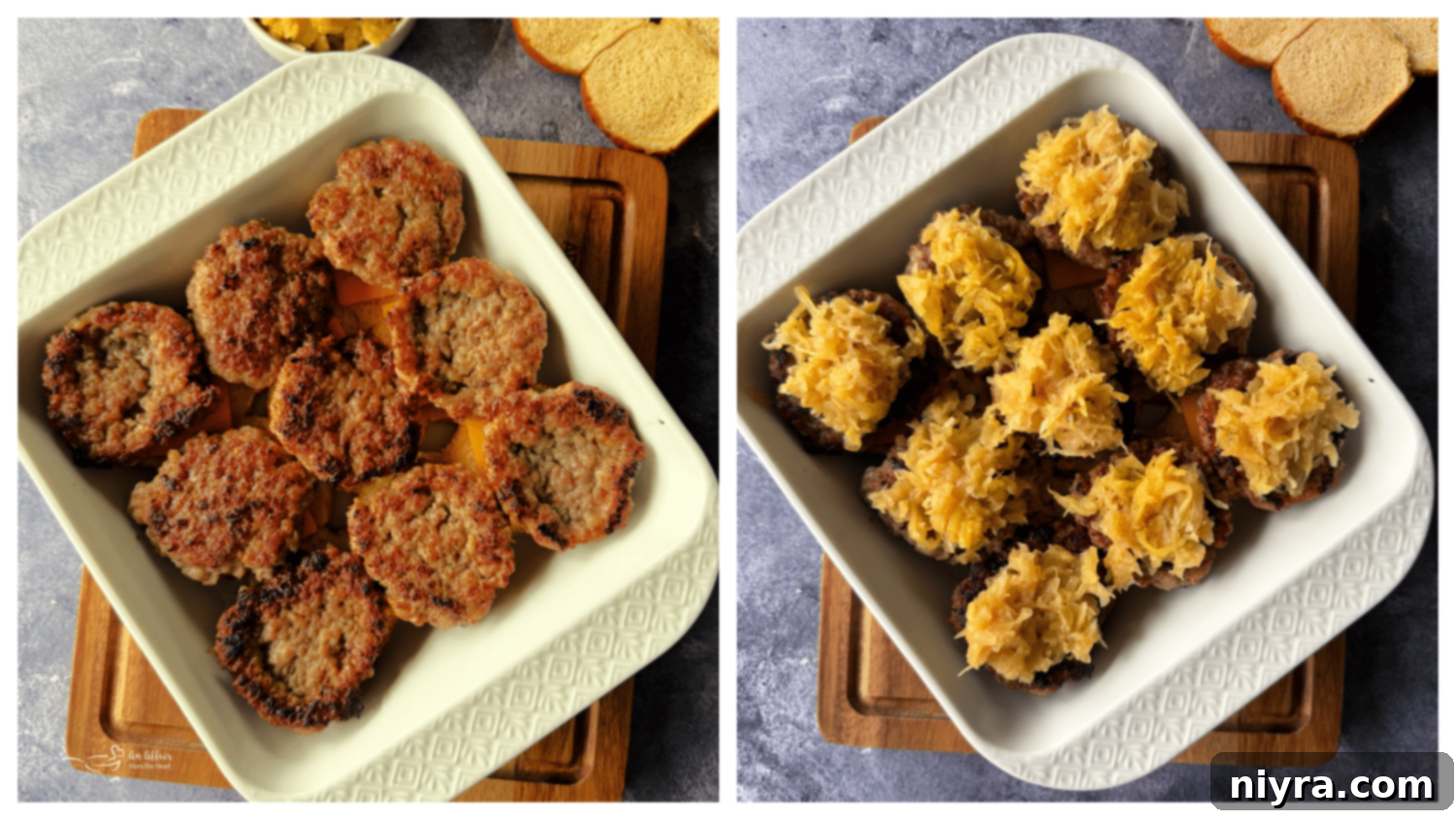 Cheese slices placed on the bottom half of pretzel buns in a baking dish.