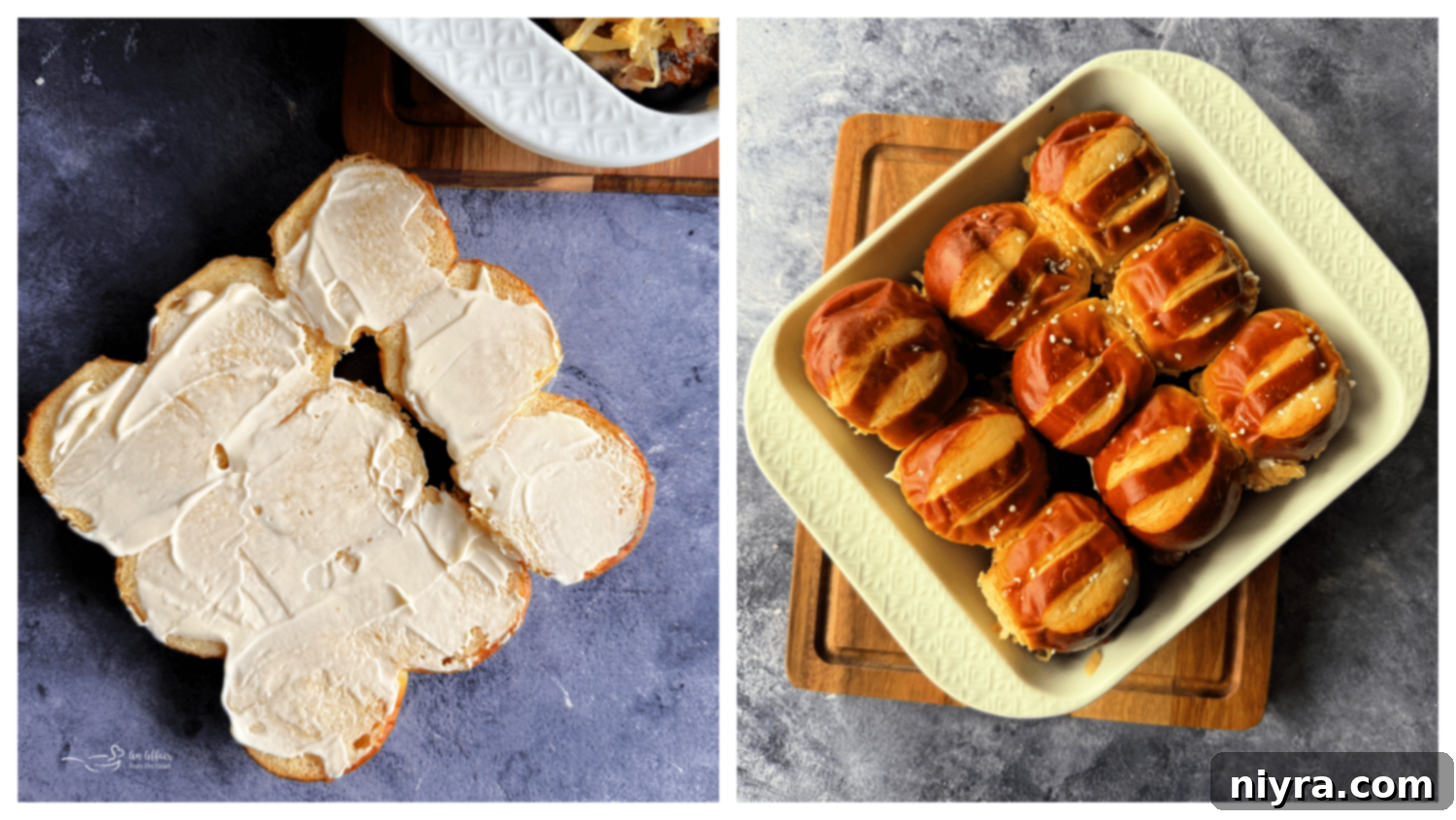 Brat patties and mustard kraut layered on top of cheese and pretzel bun bottoms.
