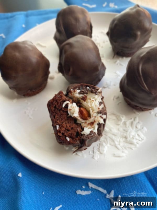 Close-up shot of an Almond Joy Brownie Bite, showing the chocolate shell and a hint of the coconut filling.