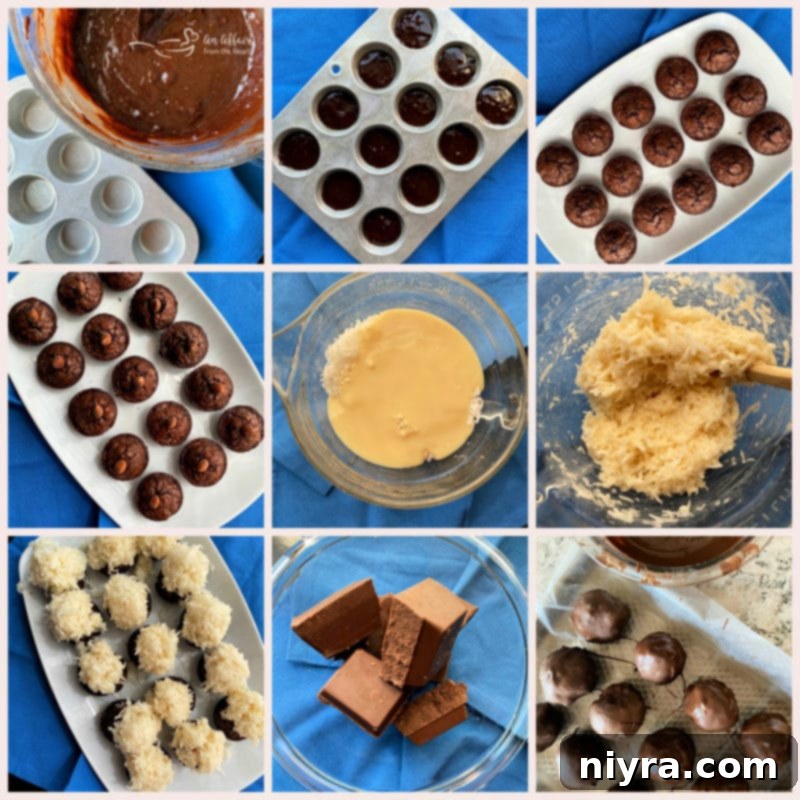 A collage of Almond Joy Brownie Bites, showcasing different angles and the tempting texture.