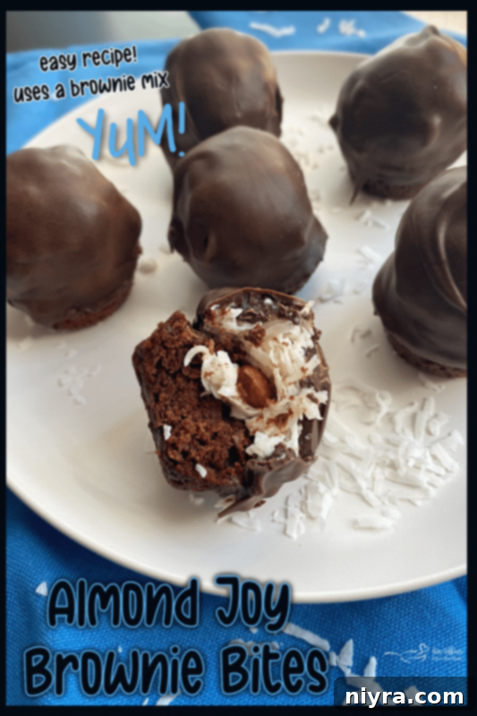 Almond Joy Brownie Bites arranged on a plate with an 'An Affair from the Heart' branding.