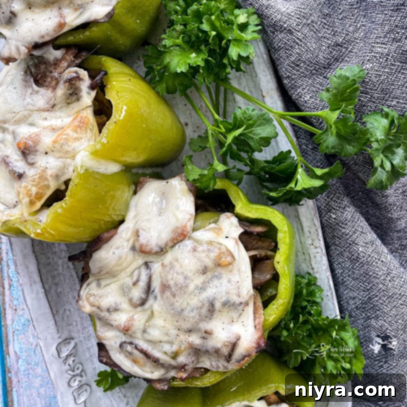 Close up of Philly Cheesesteak Stuffed Peppers on a plate