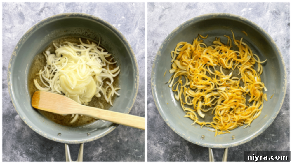 Cooking thinly sliced onions in a pan with butter and brown sugar