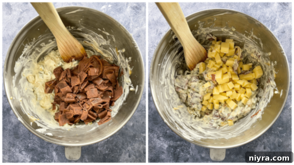 Adding chopped roast beef and provolone cheese to a pot with other ingredients