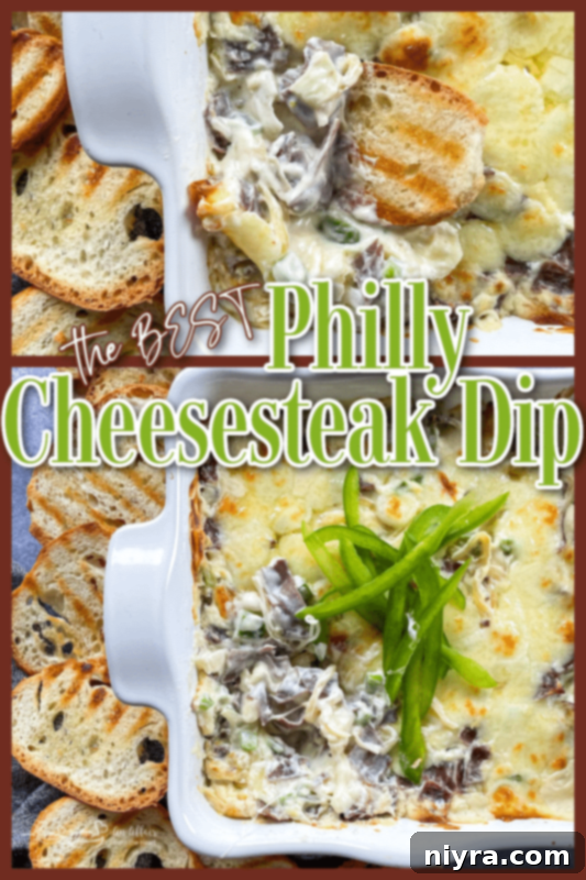 Two images of Philly Cheese Steak Dip, one in a dish and one scooped onto bread