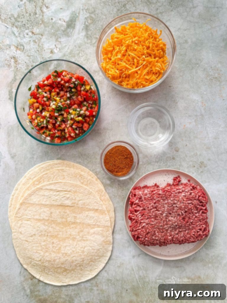 A selection of Meximelt ingredients laid out, including ground beef, tortillas, cheese, and pico de gallo.
