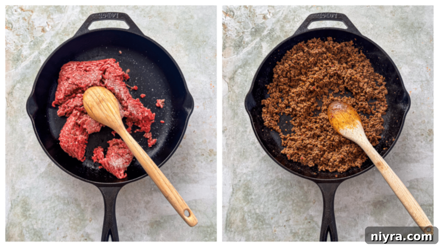 Ground beef browning in a skillet, ready for seasoning.
