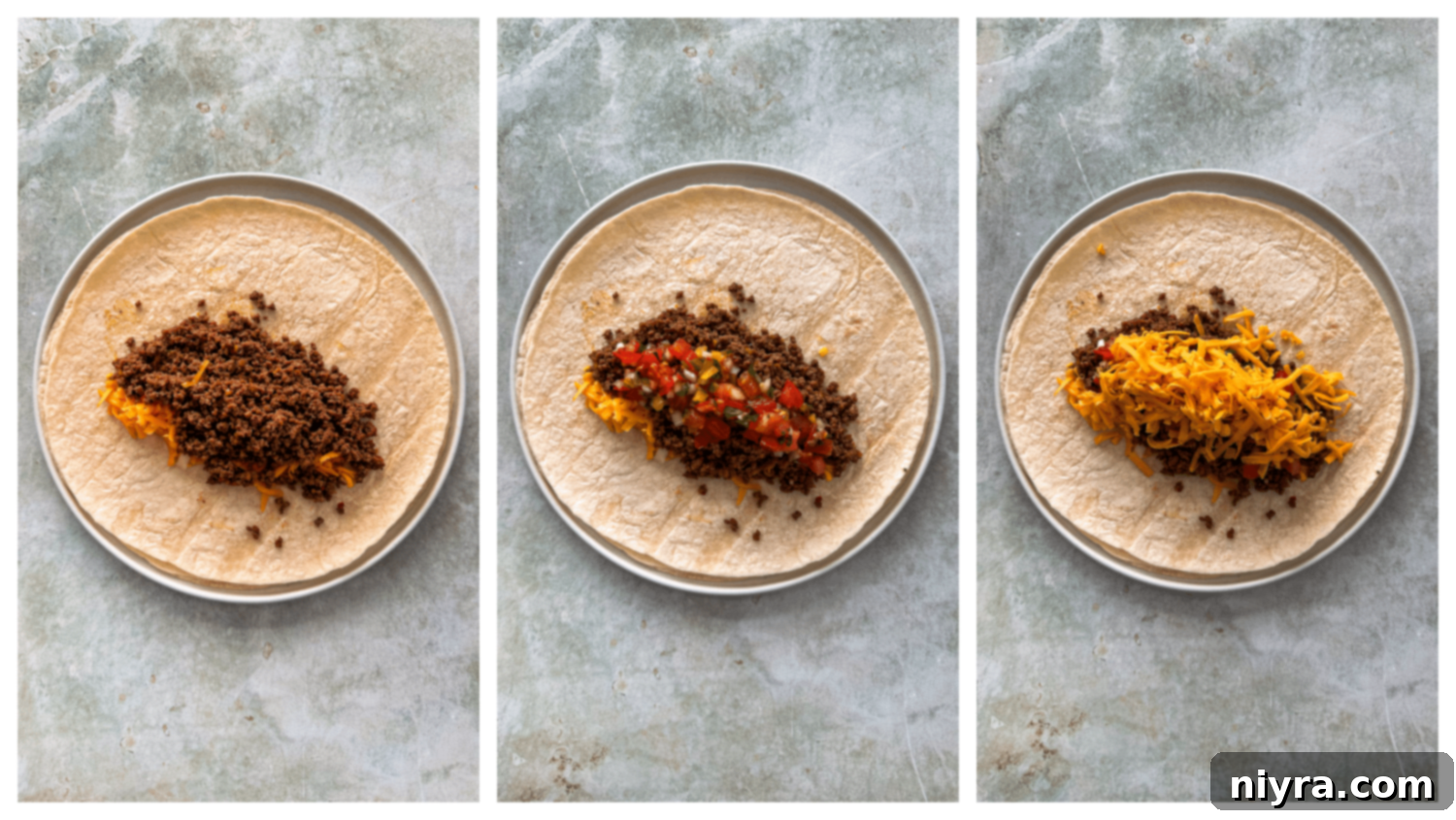 Tortillas layered with cheese, seasoned beef, and pico de gallo.