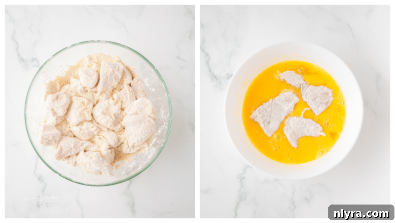 Fiery Honey Crispy Chicken Bites 6 Bowl of flour mixture for chicken coating.