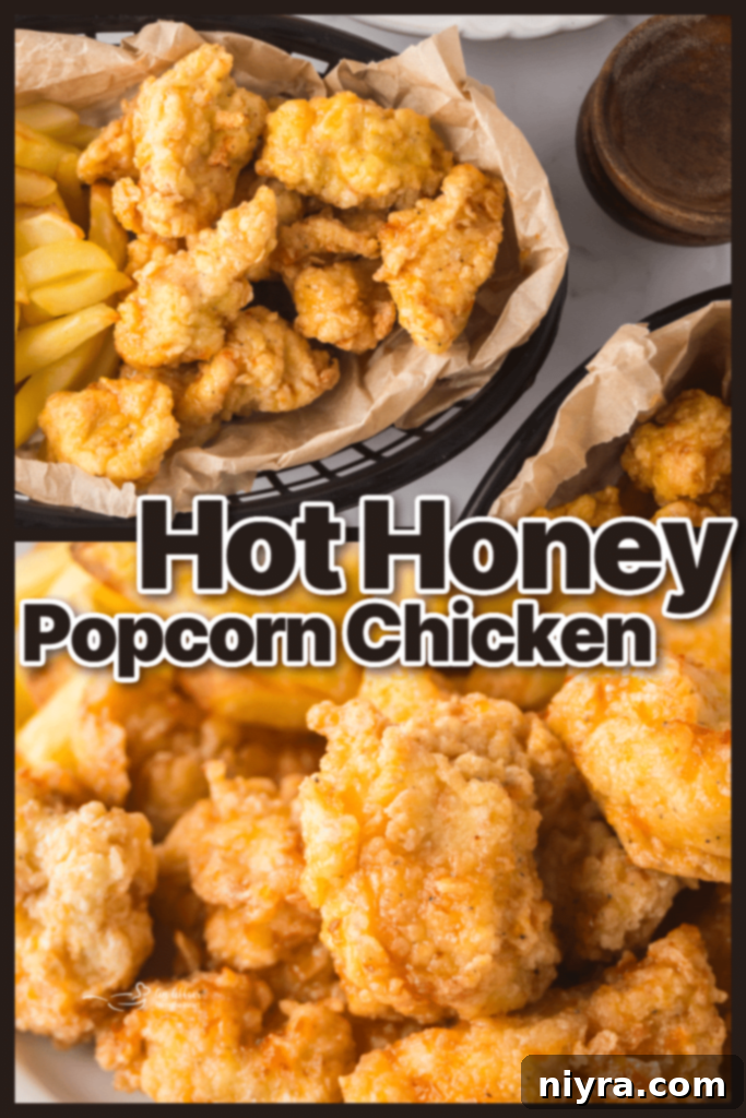 Fiery Honey Crispy Chicken Bites 9 Hot honey sauce being drizzled over cooked popcorn chicken.