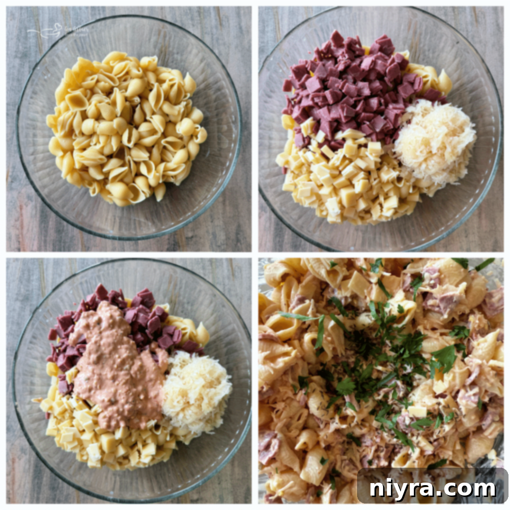 Reuben Pasta Salad ingredients in a bowl before mixing