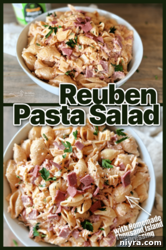 Reuben Pasta Salad in a white bowl with a spoon, close-up