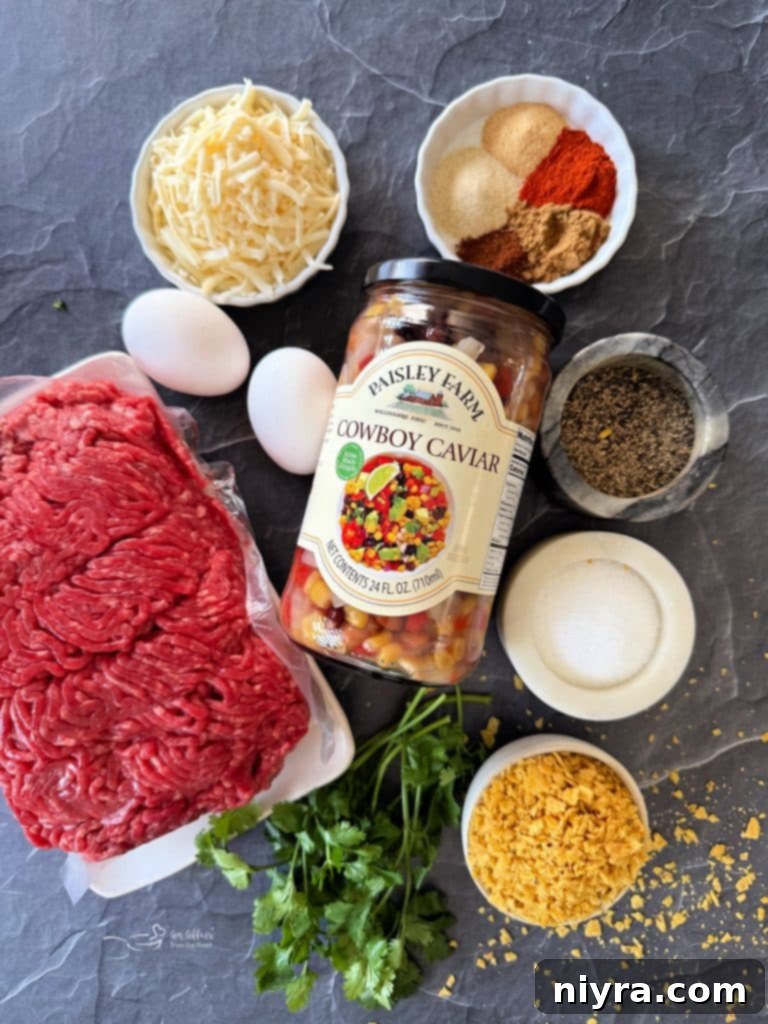 A finished Mexican Hamburger with Cowboy Caviar topping.