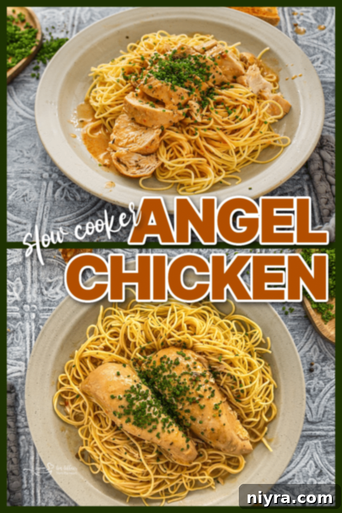 Close-up of Slow Cooker Angel Chicken in a serving bowl with a fork.