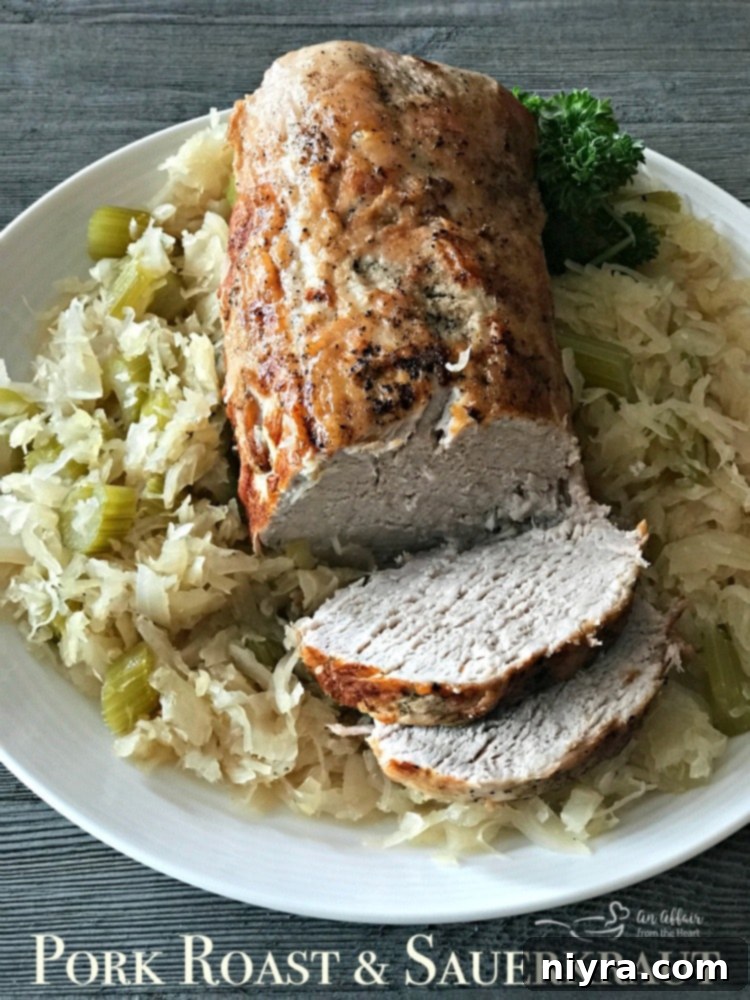 Hearty Pork Roast with Tangy Sauerkraut 8 Pork Roast & Sauerkraut hero shot, ready to serve