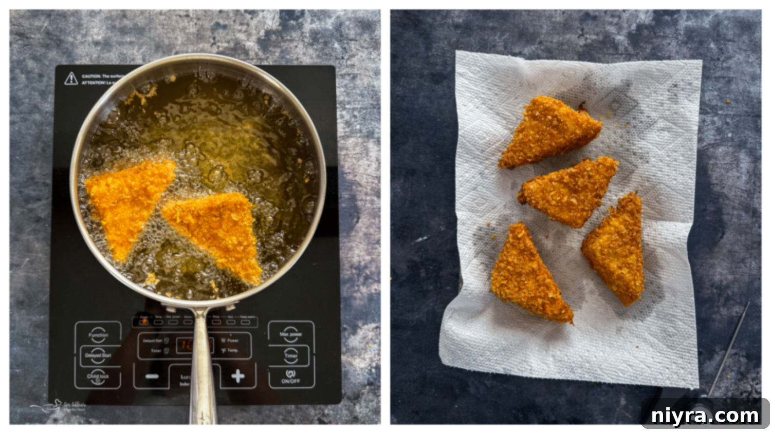 Coating a batter-dipped sandwich triangle in crushed cornflakes.