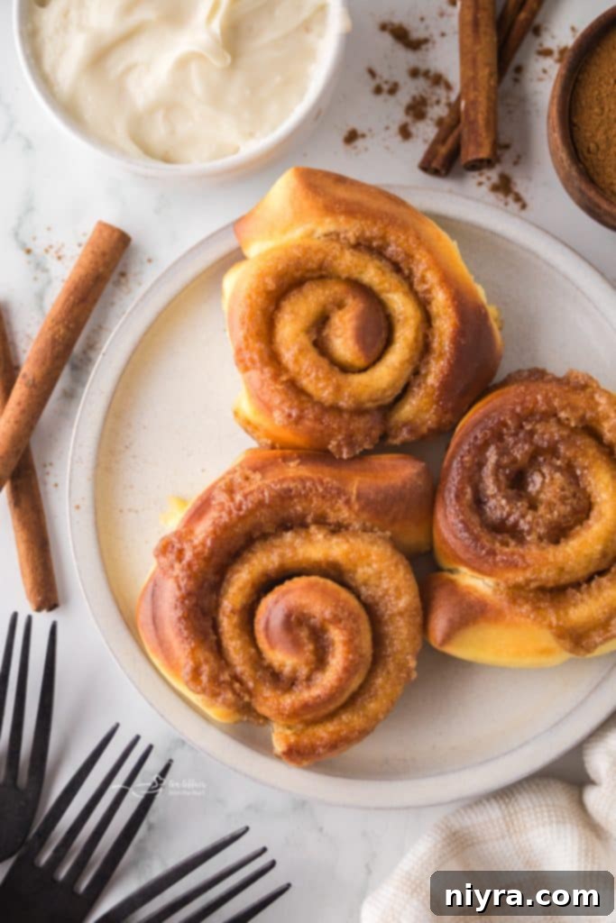 Close-up of fluffy homemade air fryer cinnamon rolls with a generous swirl of cinnamon sugar.
