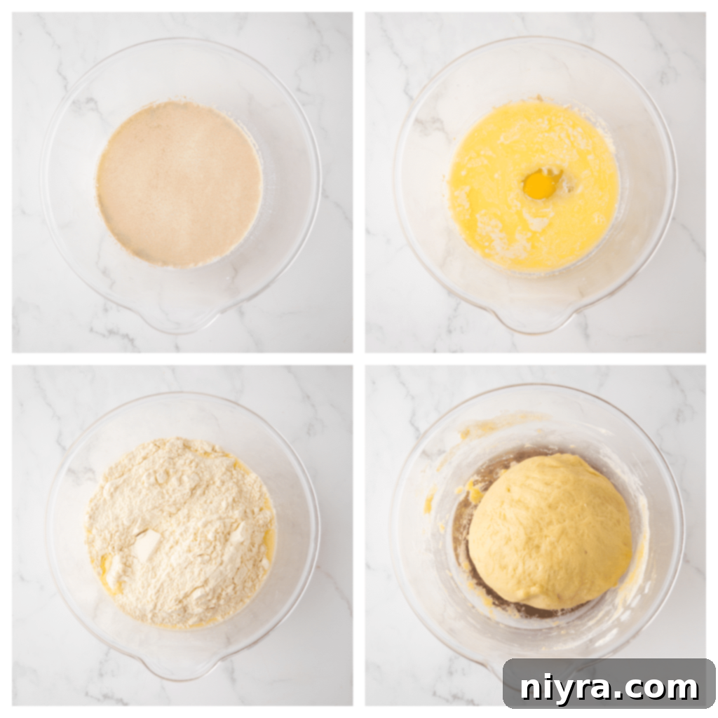 Steps for making cinnamon roll dough shown in a collage.
