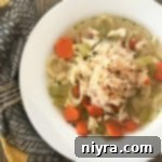 Chicken Noodle Soup with Sauerkraut in a white bowl