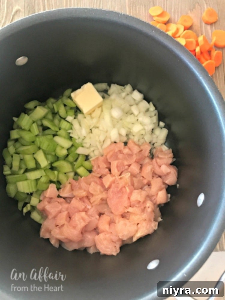 Chicken breasts and vegetables diced, ready for the soup pot.
