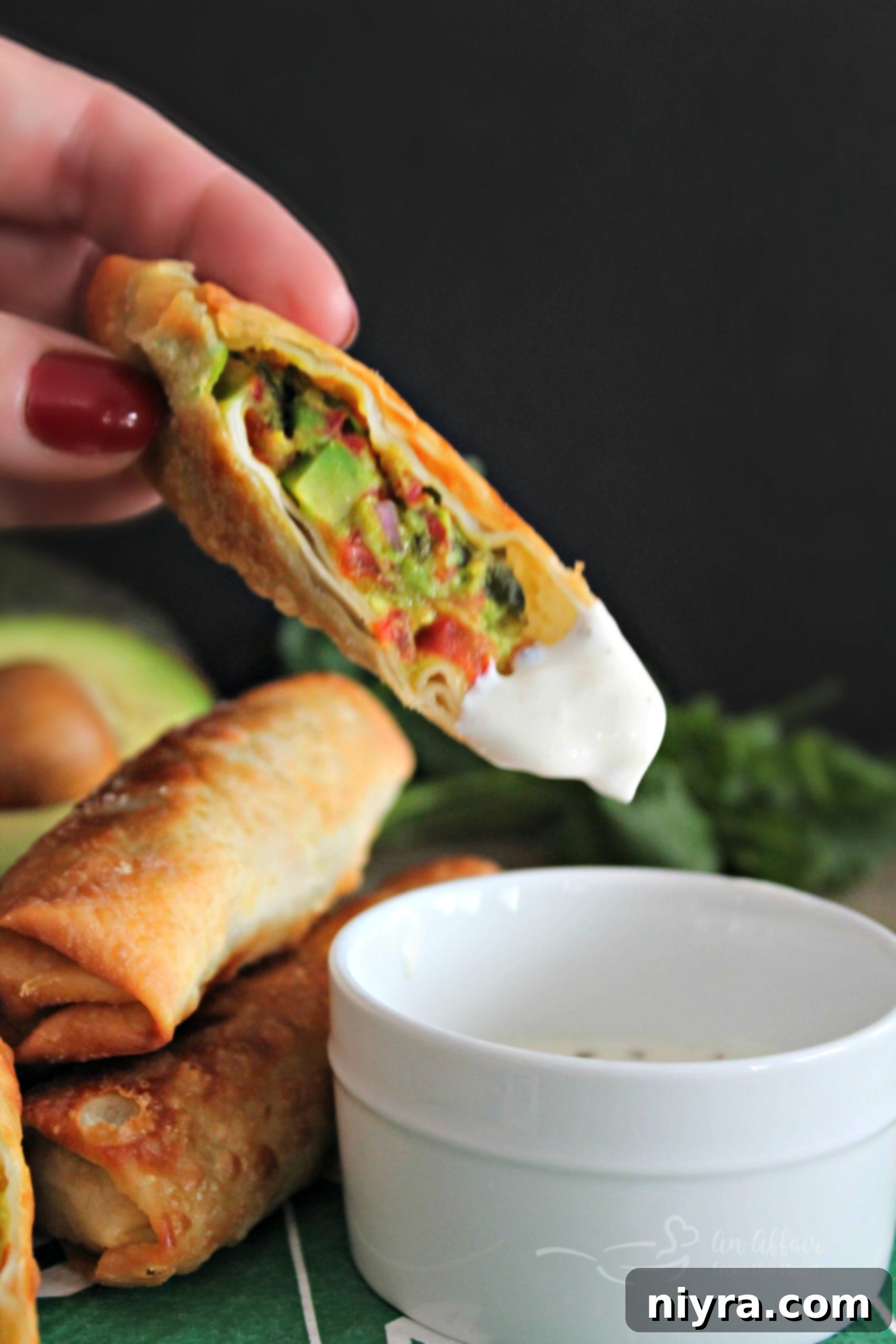 Guacamole Egg Rolls with Spicy Cilantro Ranch Dipping Sauce